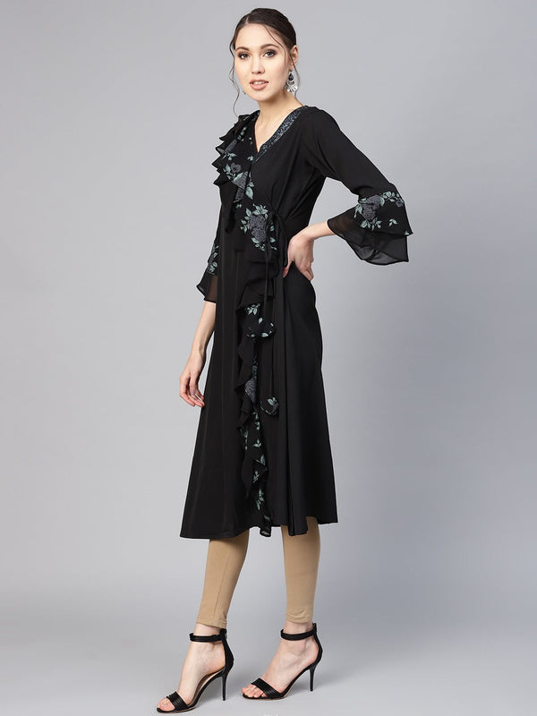 Women's Black Georgette Ruffled Kurta- Ahalyaa