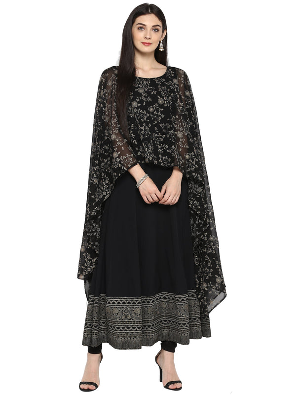 Women's Black Crepe Printed Kurta With Attached Dupatta - Ahalyaa