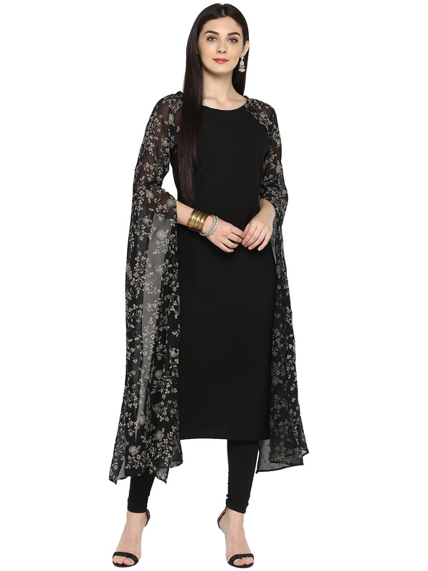 Women's Black Georgette Rubber Glitter Print Kurta - Ahalyaa