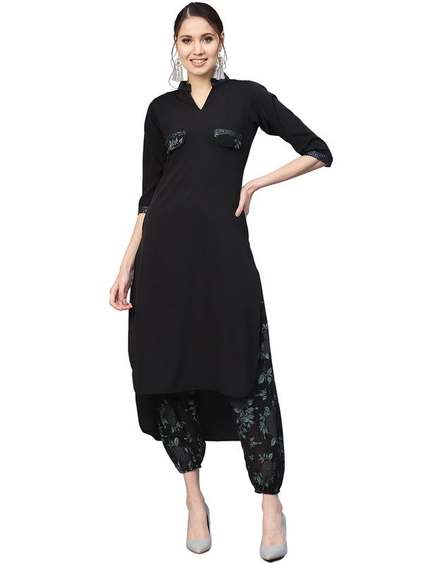 Black & Green Solid Kurta with Harem Pants