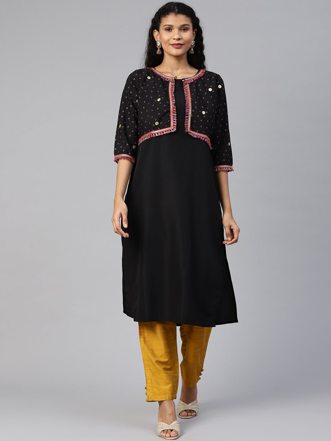 Women's Black Crepe Solid Kurta With Printed Jacket - Ahalyaa