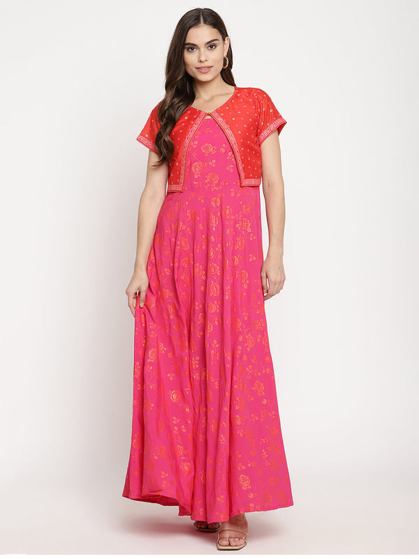 Women's Pink Crepe Orange Khari Print Kurta With Jacket - Ahalyaa