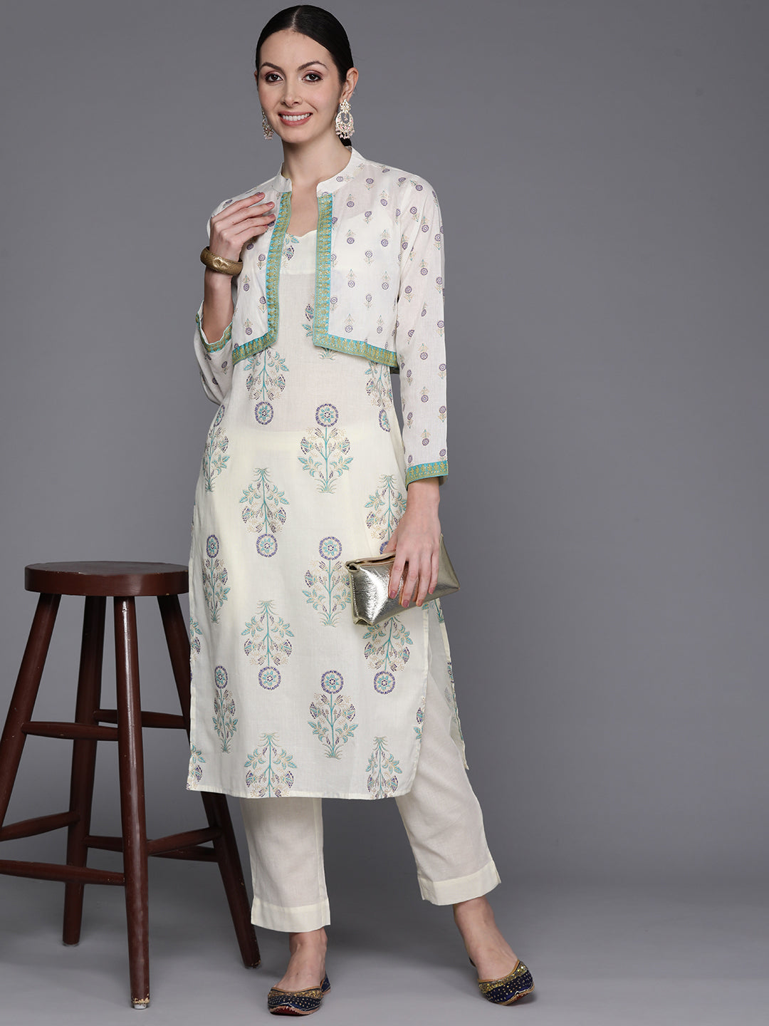 Women's Floral Printed Regular Pure Cotton Kurta With Trousers & Jacket - Ahalyaa