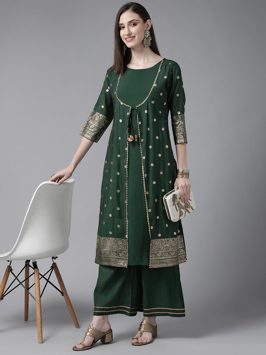 Women's Dark Green Chanderi Gold Foil Printed Kurta Palazzo Set - Ahalyaa