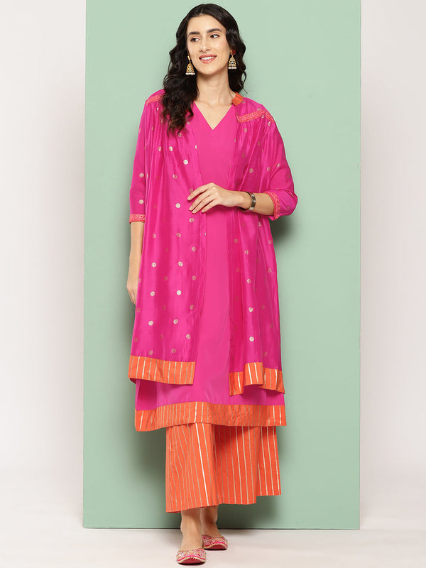 Pink Solid Kurta with Palazzos & Printed Jacket