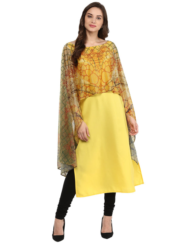 Women's Yellow Cape Style Crepe Kurta - Ahalyaa