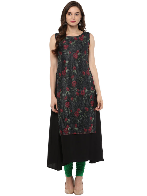 Women's Double Layer Black Rose Print   A- Line Only Kurta - Ahalyaa