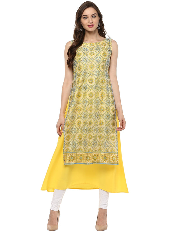 Women's Double Layer Yellow Digital Print A- Line Only Kurti - Ahalyaa