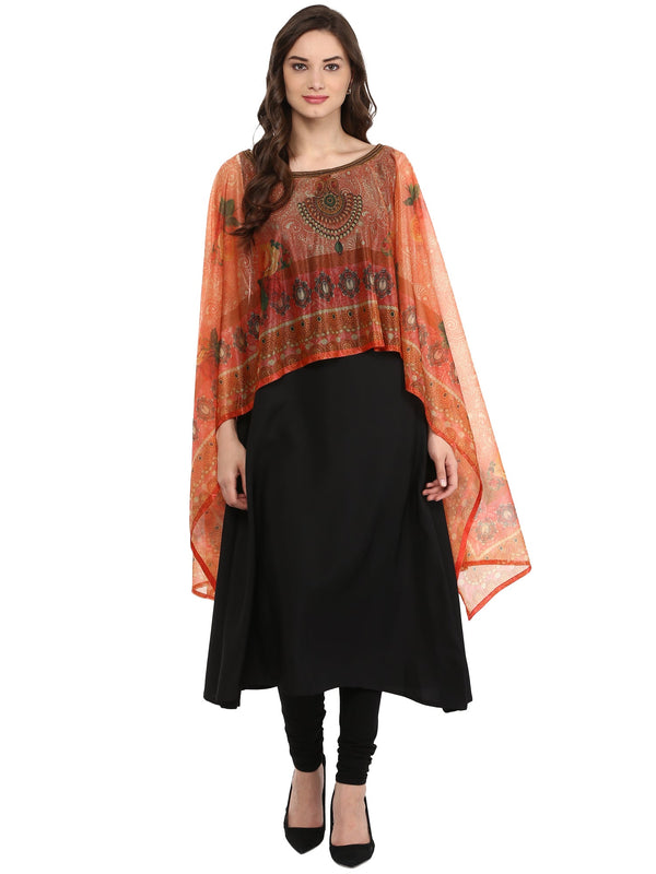 Women's Black Crepe Printed Kurta With Attached Dupatta - Ahalyaa