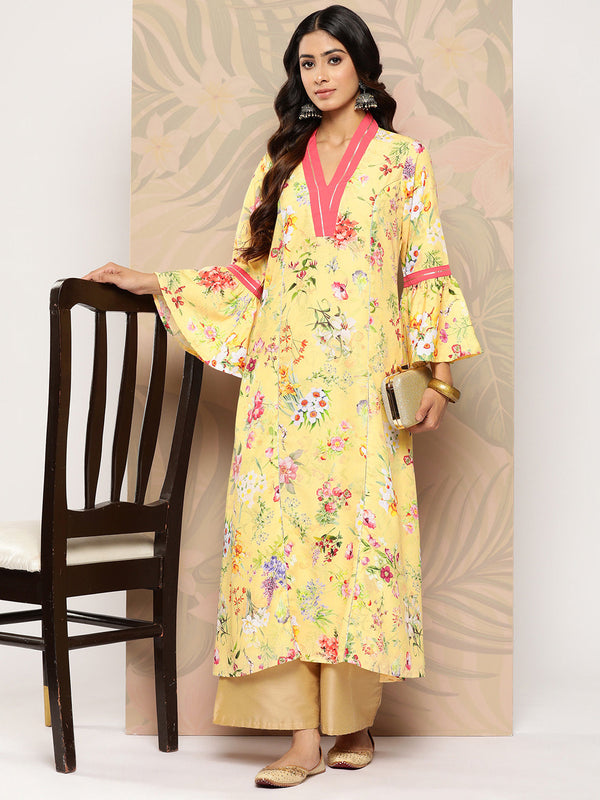 Yellow Floral Printed Gotta Patti Kurta