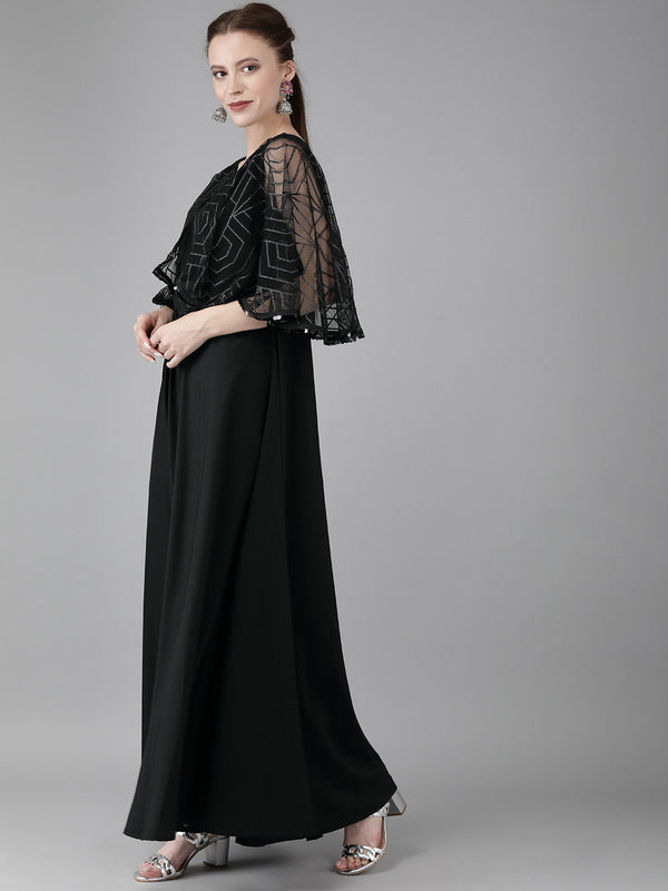 Women's Black Crepe Maxi Dress- Ahalyaa