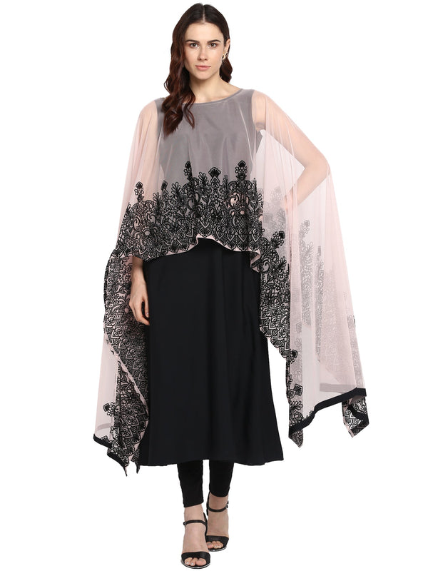 Women's Black Crepe Printed Kurta With Attached Dupatta - Ahalyaa