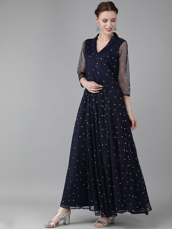 Women's Navy Blue Net & Crepe Silver Toned Polka Dots Printed Maxi Dress- Ahalyaa