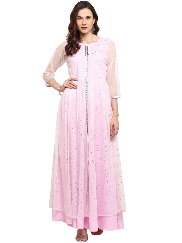 Women's Double Layered Partywear Light Pink Indo Western Only Kurta Dress - Ahalyaa