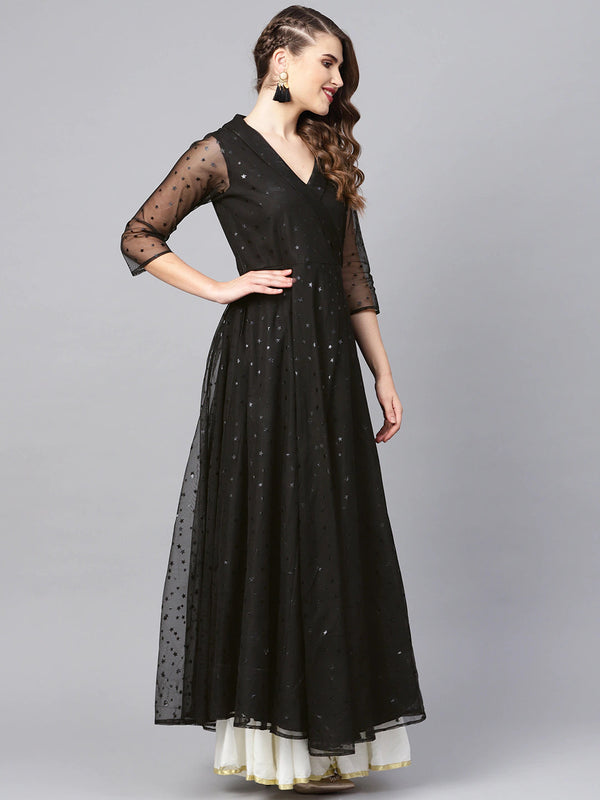 Women's Black Net & Crepe Star Foil Print Angrakha Anarkali Kurta- Ahalyaa