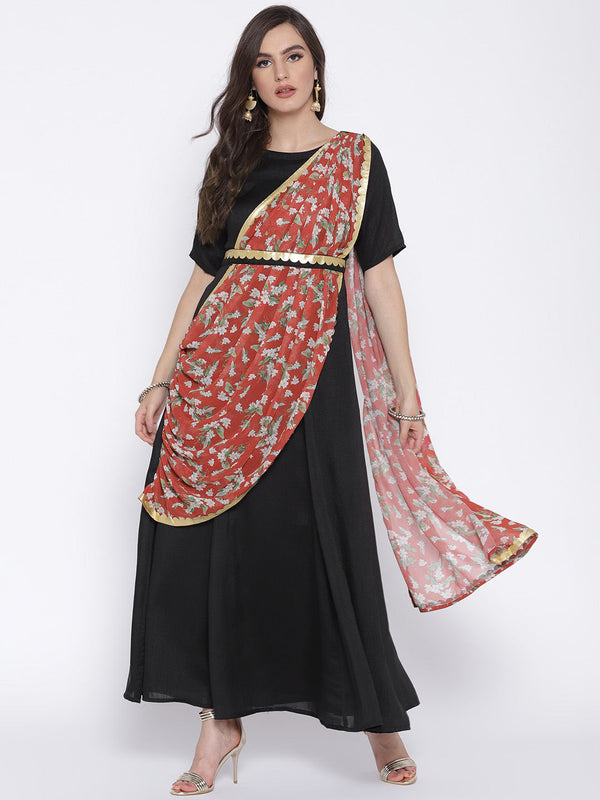 Women's Black Poly Silk Kurta With Printed Dupatta - Ahalyaa