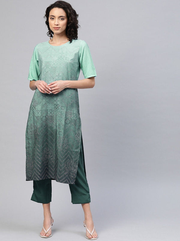 Women's Sea Green Crepe Printed Kurta Pant Set - Ahalyaa