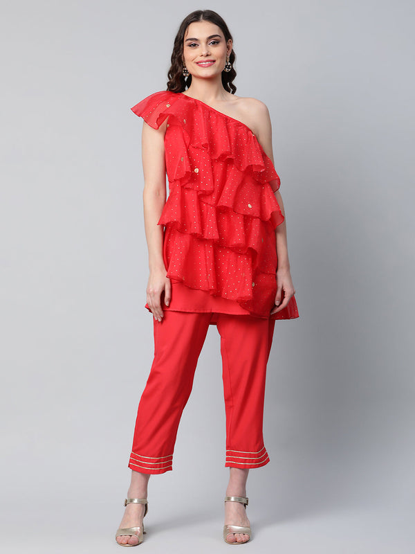 Women's Red Printed Layered Top With Trousers - Ahalyaa