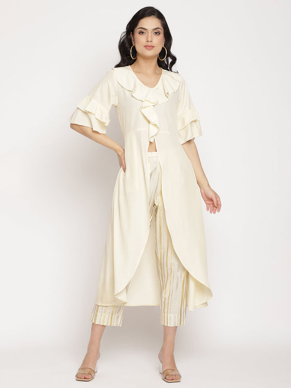 Women's Off White Layered Kurta With Trousers- Ahalyaa