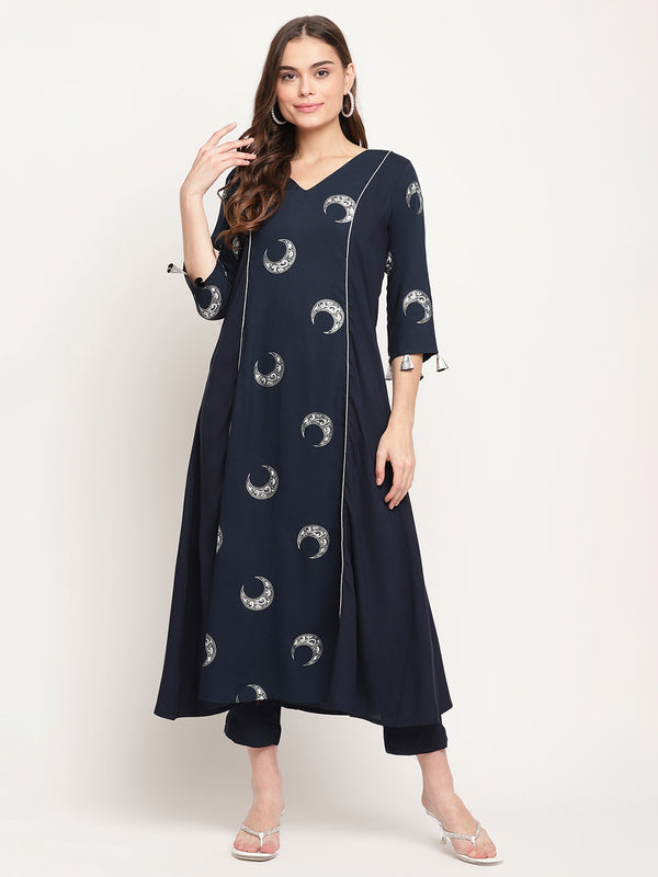 Women's Navy Blue Rayon Foil & Khari Print Kurta Trouser Set - Ahalyaa