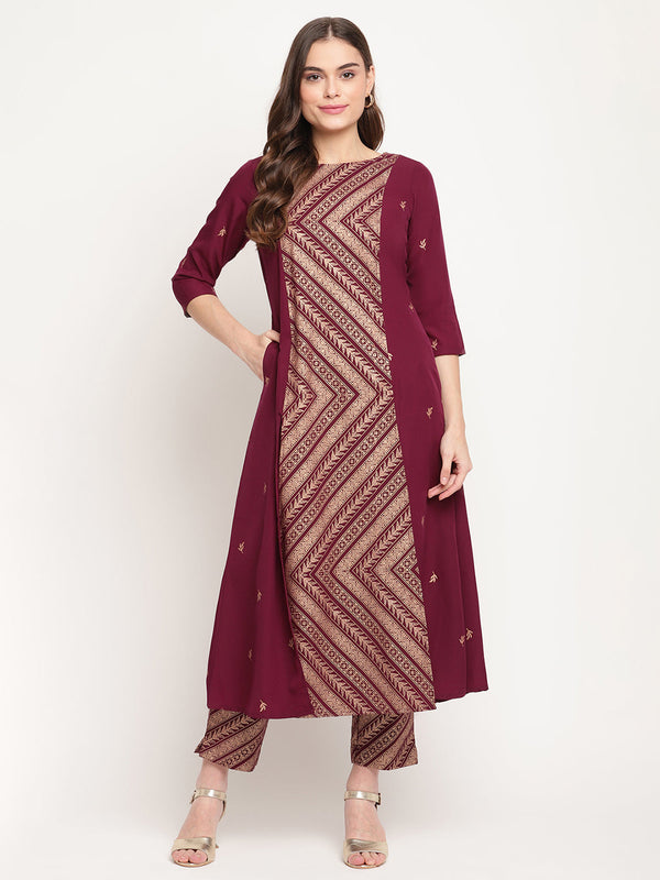 Women's Wine Crepe Gold Glitter Print Kurta Trouser Set- Ahalyaa