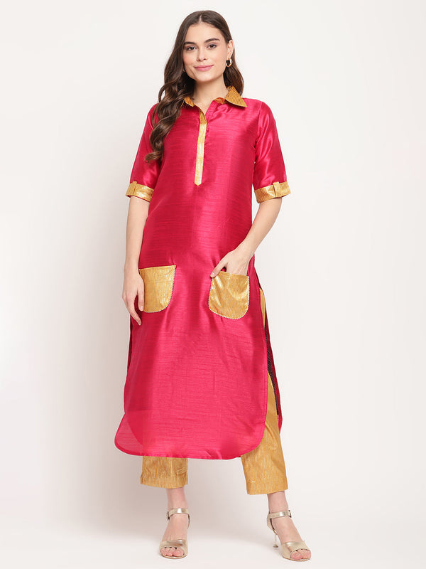 Women's Dark Pink Poly Silk Kurta Trouser Set- Ahalyaa