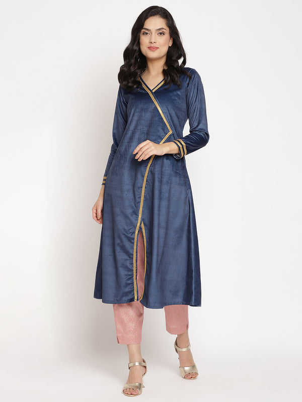 Women's Navy Solid Velvet Angrakha Kurta With Gold Printed Pant- Ahalyaa