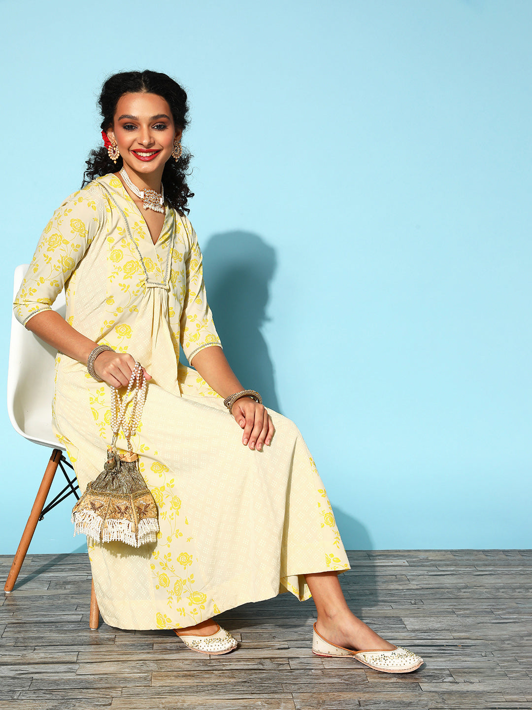 Women's Yellow Colour Crepe Printed Kurta Pant Set - Ahalyaa