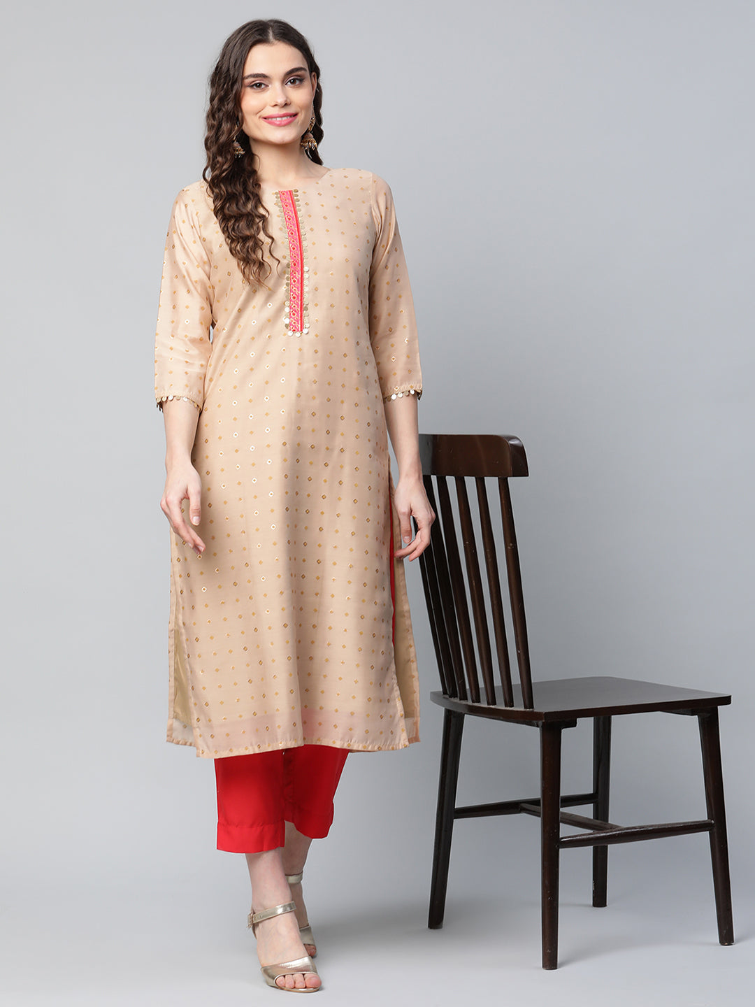 Women's Beige Colour Chanderi Printed Kurta Pant Set - Ahalyaa