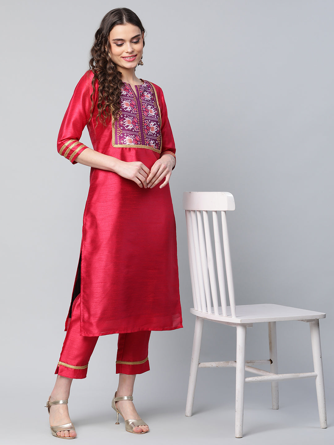 Women's Red Art Silk Printed Kurta Pant Set - Ahalyaa