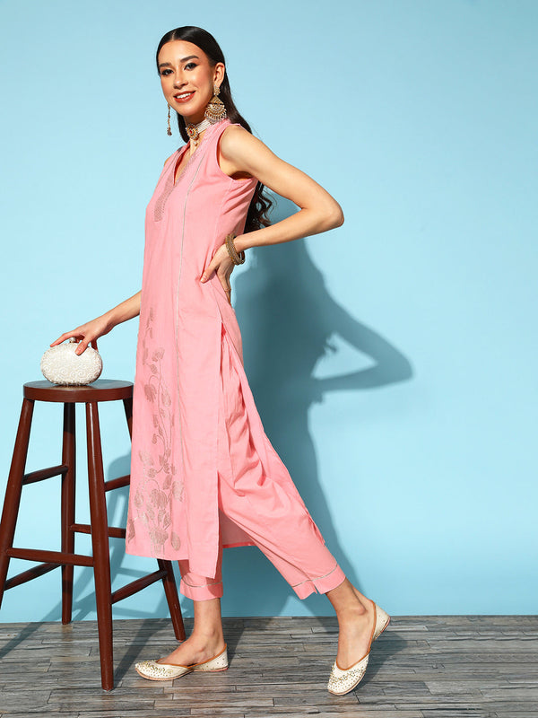 Pink Floral Pure Cotton Top to Toe Fusion Cotton Kurta Set