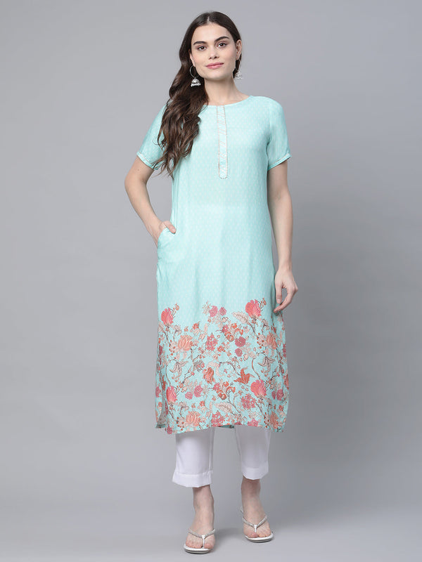 Women's Sky Blue Rayon Printed Kurta Pant Set - Ahalyaa