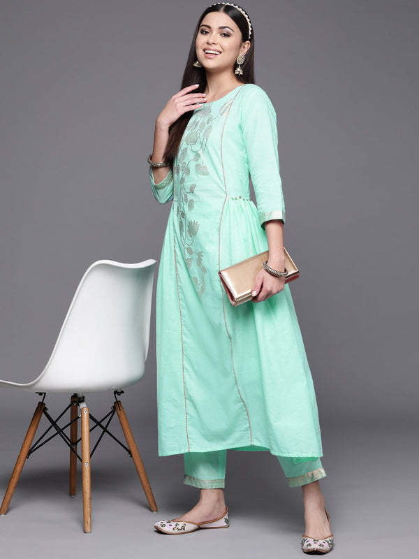 Sea Green Pure Cotton Gold Foil Print Kurta Pant Set