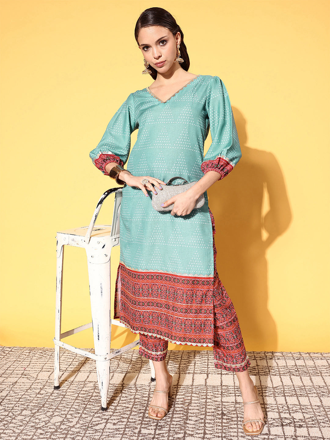 Women's Teal Cotton Blend Digital Printed Kurta Pant Set - Ahalyaa