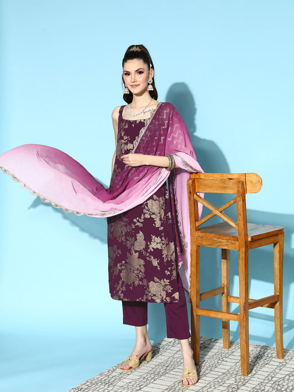 Burgundy Floral Printed Spaghetti Straps Kurta Set