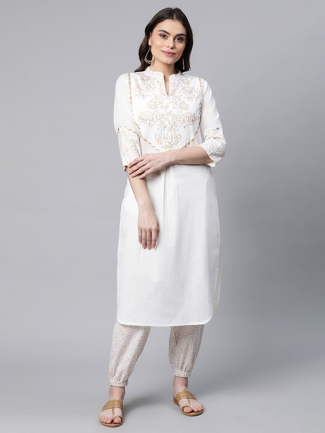 Women's Off White Pure Cotton Printed Kurta With Trousers - Ahalyaa