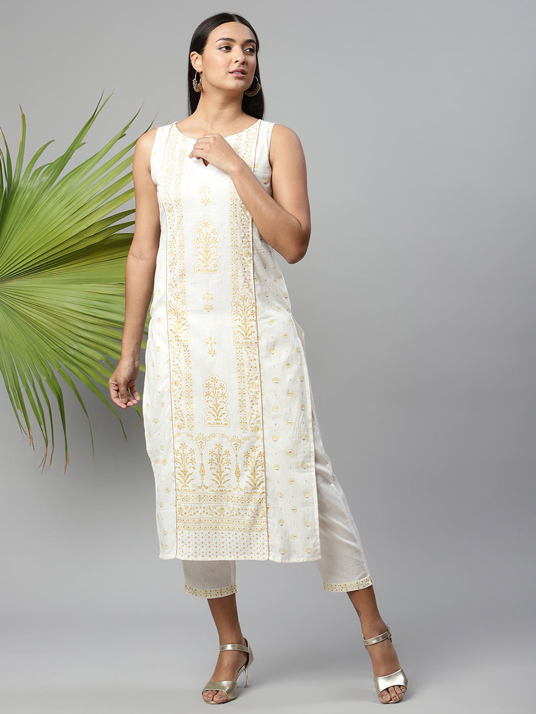 Women's Off White Pure Cotton Printed Kurta Pant Set - Ahalyaa