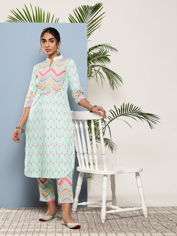 Turquoise Blue Printed Gotta Patti Kurta with Trousers