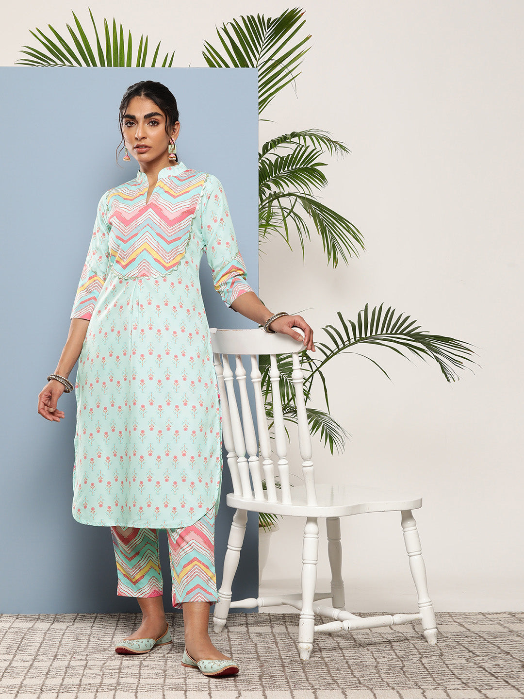 Women's Sky Blue Poly Crepe Kurta Trousers Set - Ahalyaa