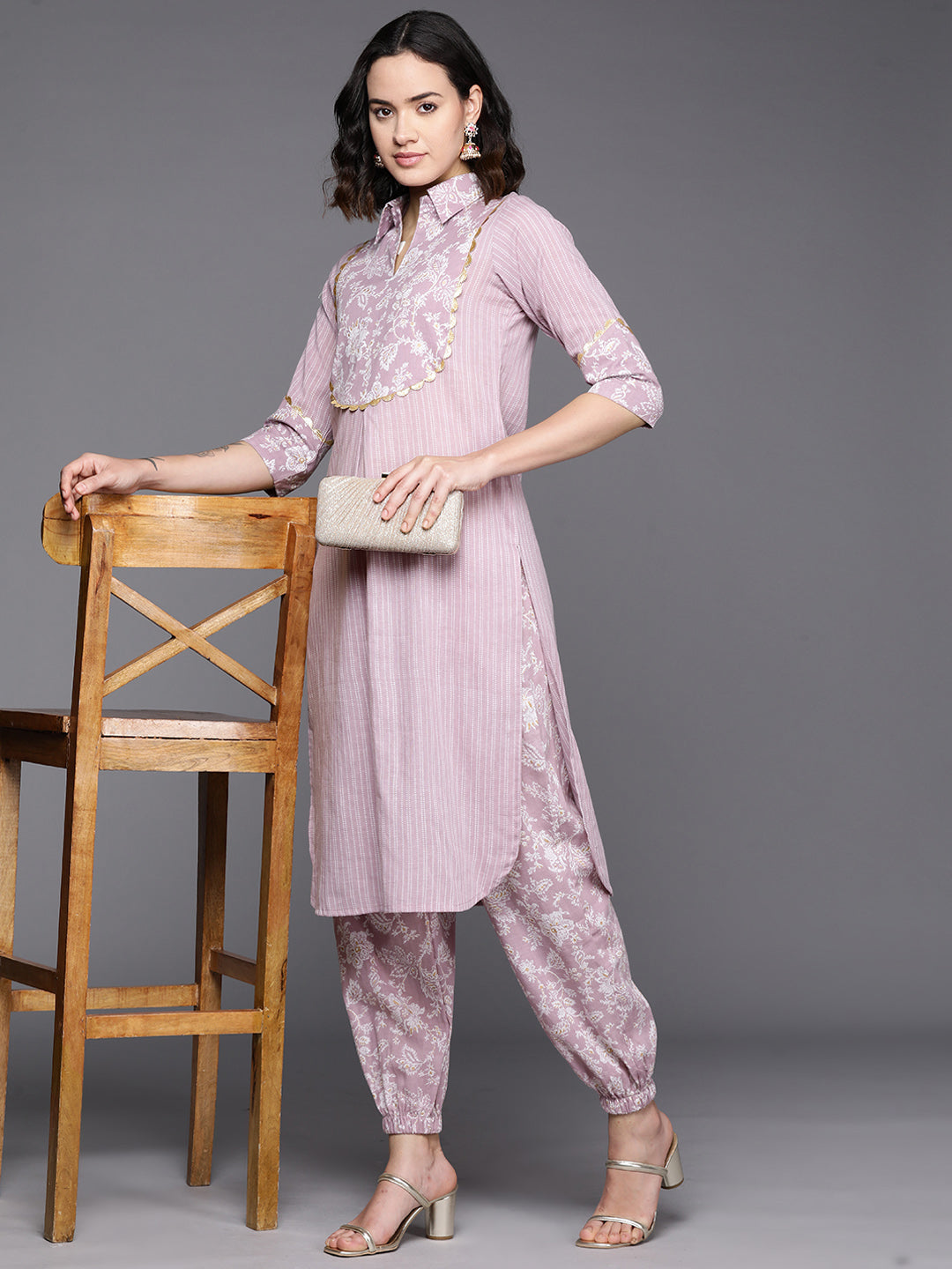 Women's Floral Printed Regular Gotta Patti Pure Cotton Kurta With Salwar - Ahalyaa