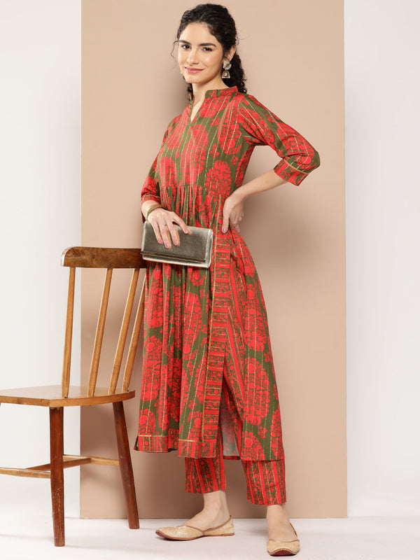 Green Floral Printed Pleated Gotta Patti Kurta with Trousers