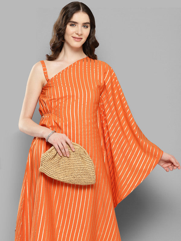 Women's Striped One-Shoulder Flared Sleeve Fusion Kurta With Trousers - Ahalyaa