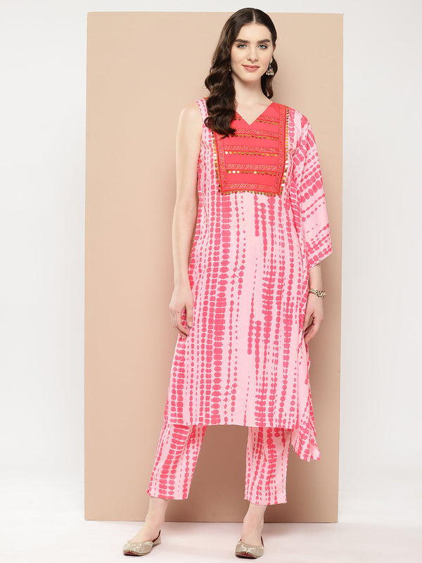 Jashvi Printed One-Shoulder Flared Sleeve Sequinned Kurta with Trousers