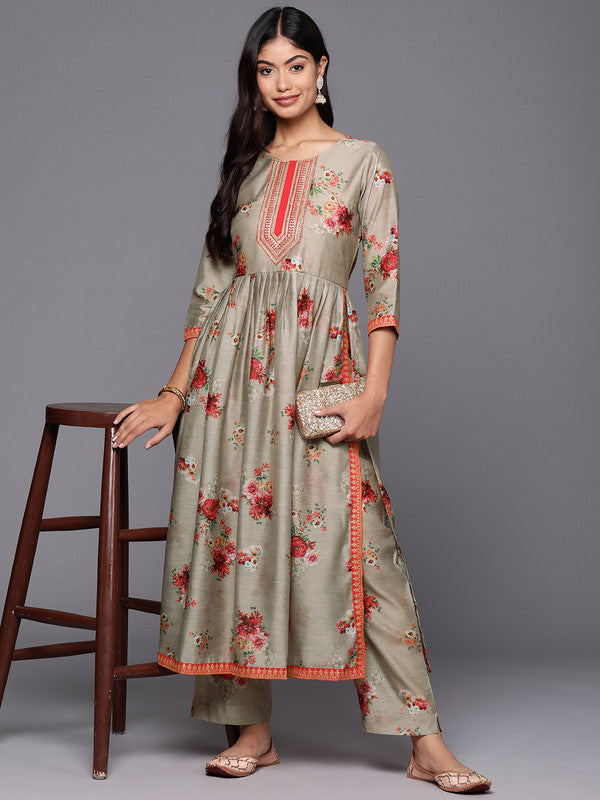 Women's Floral Printed Regular Kurta With Trousers - Ahalyaa