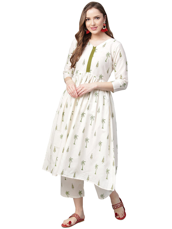 Women's Off White Cotton Blend Printed Kurta Trouser Set- Ahalyaa