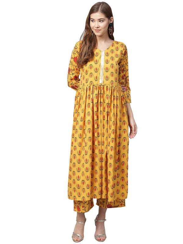 Women's Mustard Gathered Printed Kurta With Pants - Ahalyaa