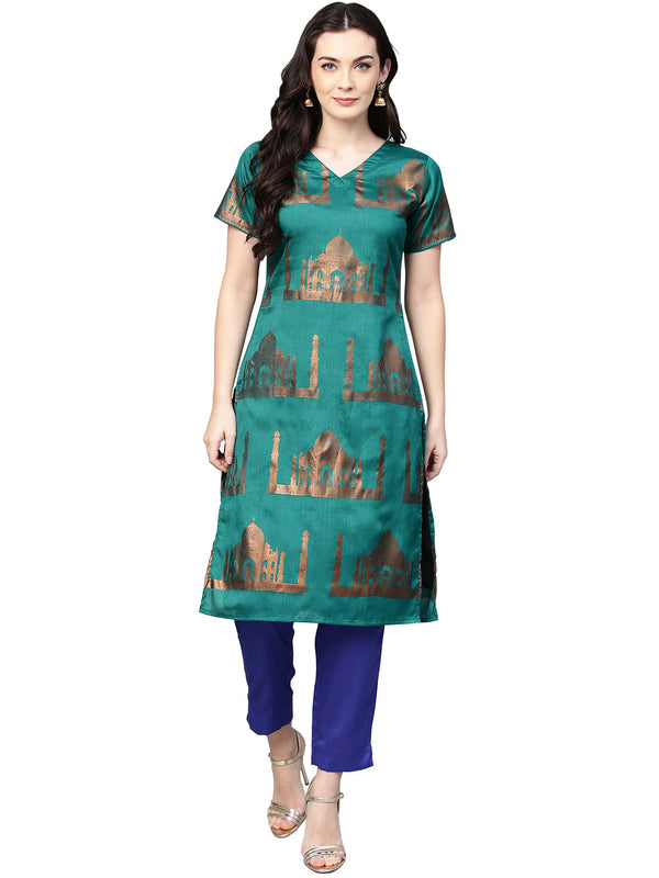 Women's Traditional Hand Printed Faux Silk Kurta Set - Ahalyaa