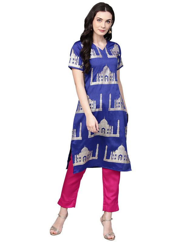 Women's Hand Printed Brocade Like Faux Silk Kurta Set - Ahalyaa