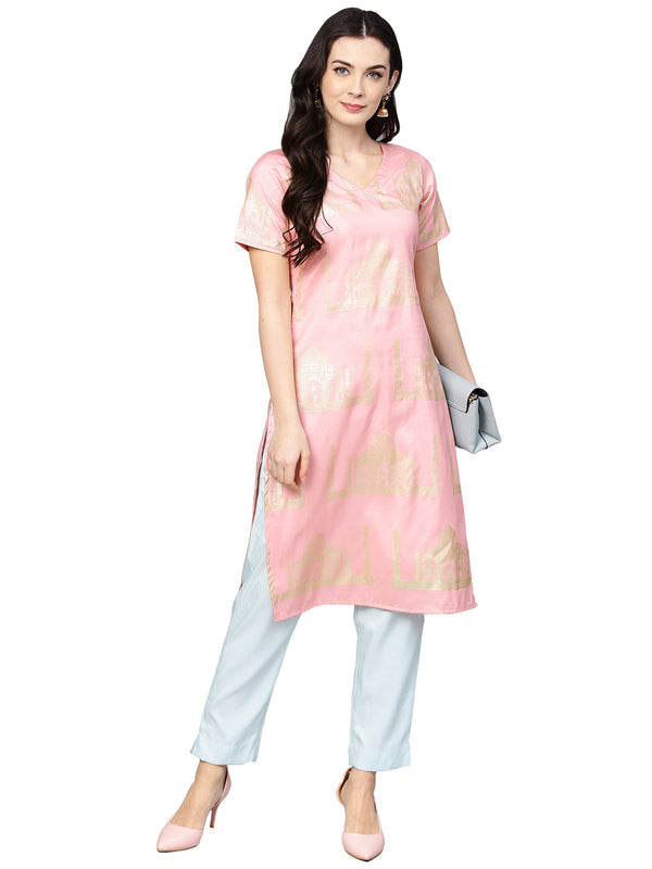 Women's Hand Printed Faux Silk Pastel Kurta Set - Ahalyaa