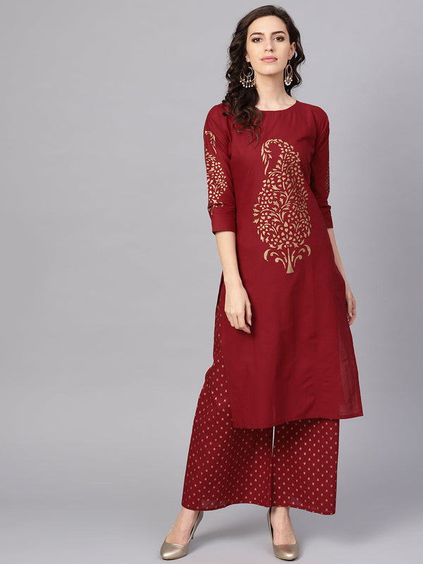 Women's Maroon Straight Kurta Sets - Ahalyaa